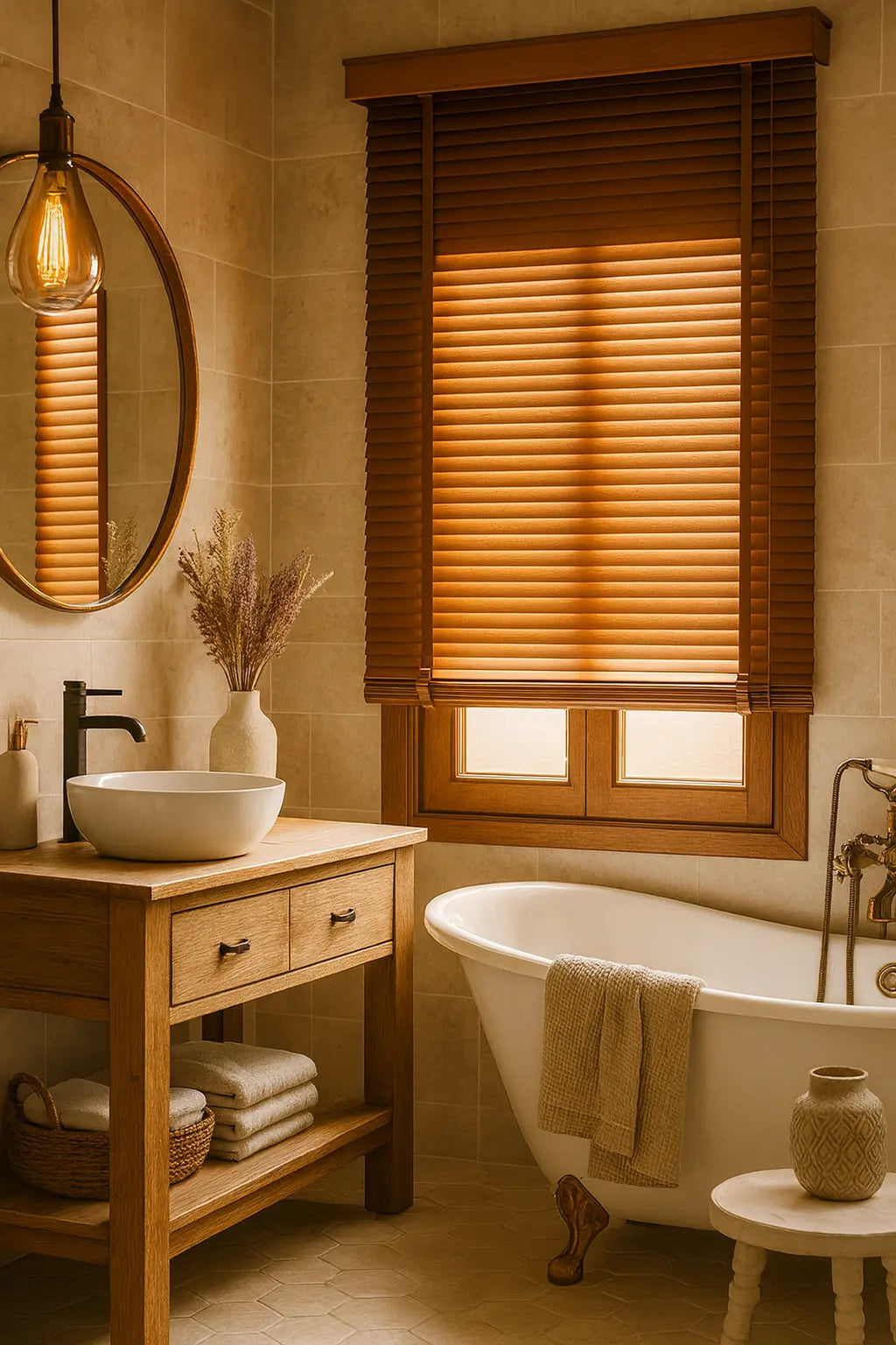Custom made wooden venetian blind for windows, warm and elegant interior